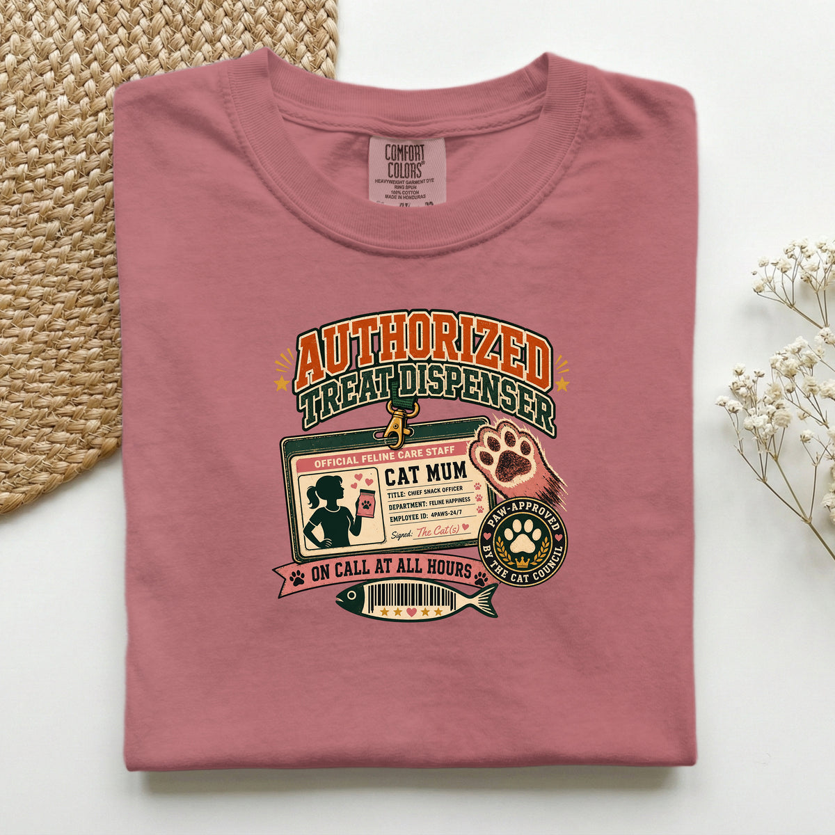 Authorized Treat Dispenser graphic tee in Brick, folded mockup