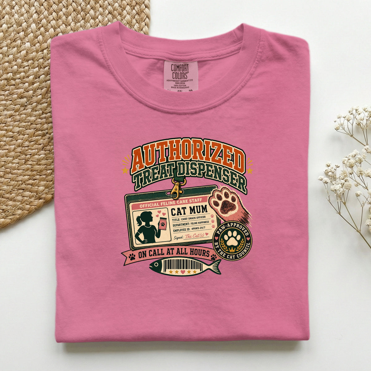 Authorized Treat Dispenser graphic tee in Crunchberry, folded mockup
