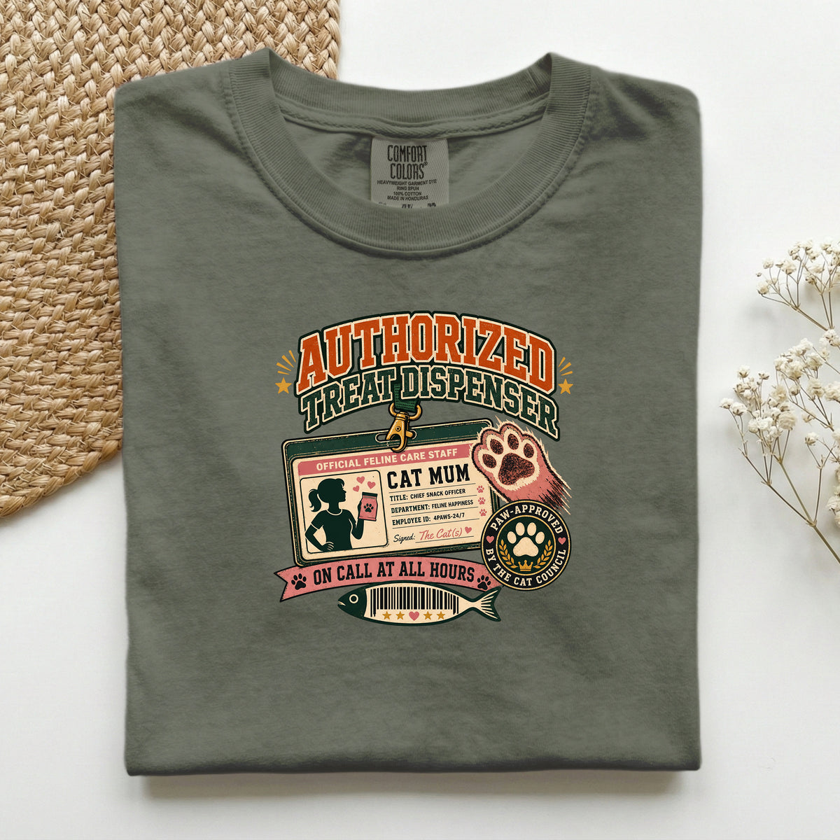 Authorized Treat Dispenser graphic tee in Moss, folded mockup