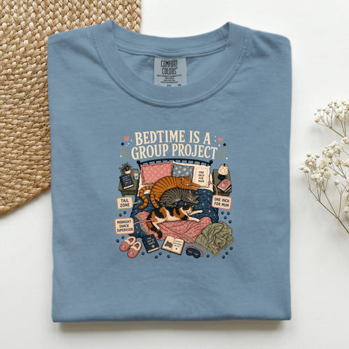 Bedtime Is A Group Project graphic tee in Blue Jean, folded flat lay