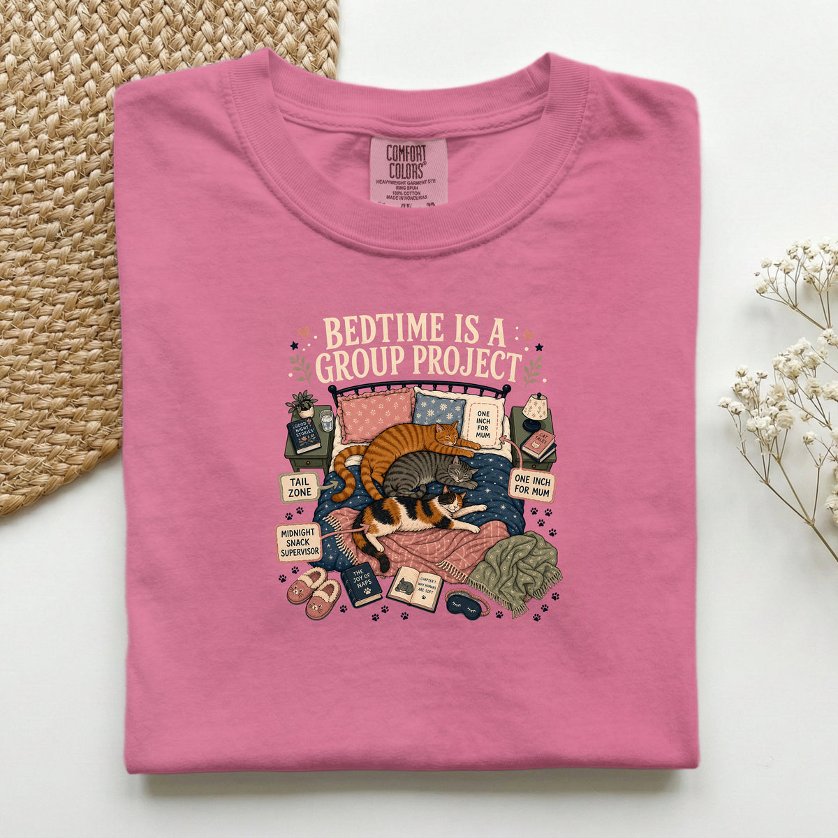 Bedtime Is A Group Project graphic tee in Crunchberry, folded flat lay