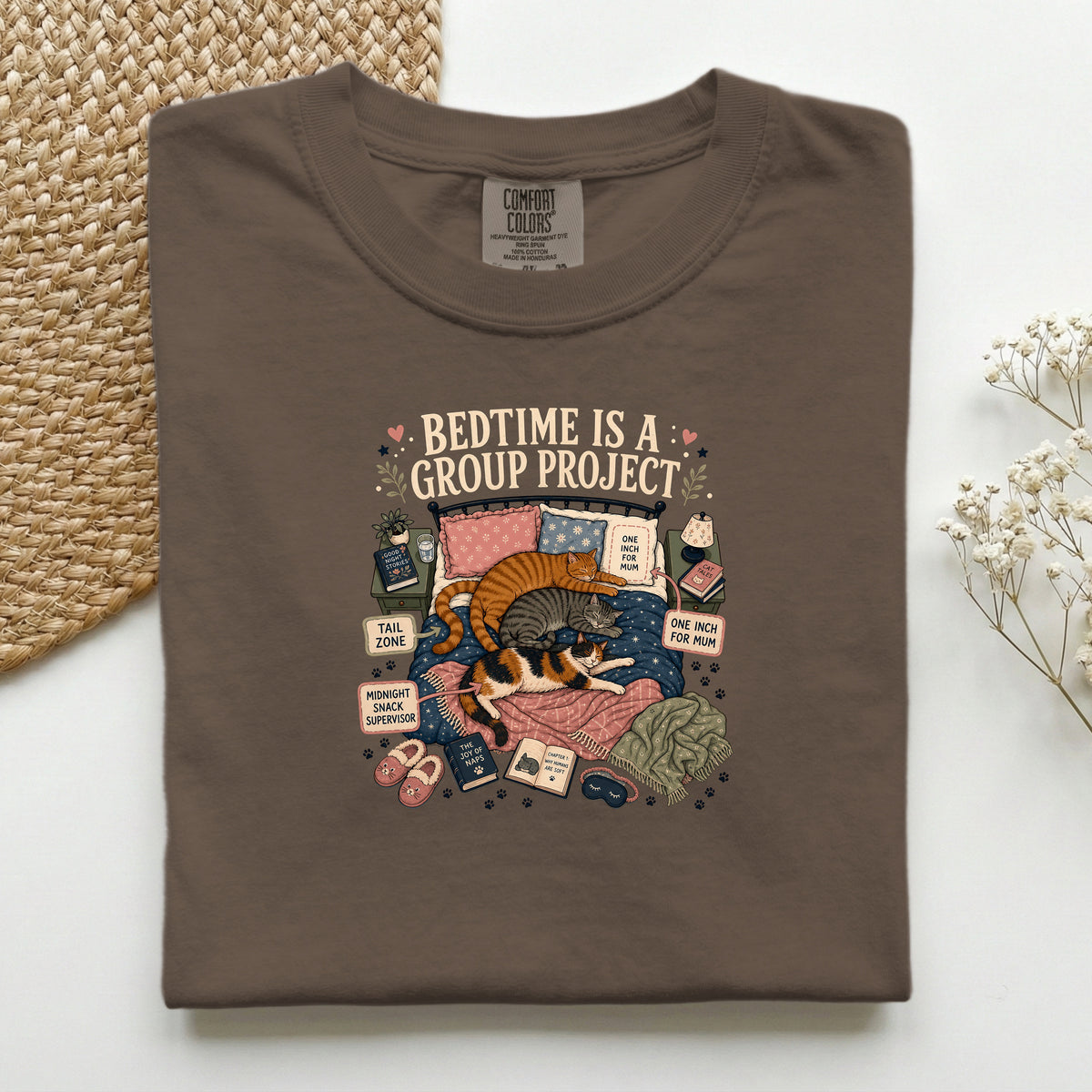 Bedtime Is A Group Project graphic tee in Espresso, folded flat lay