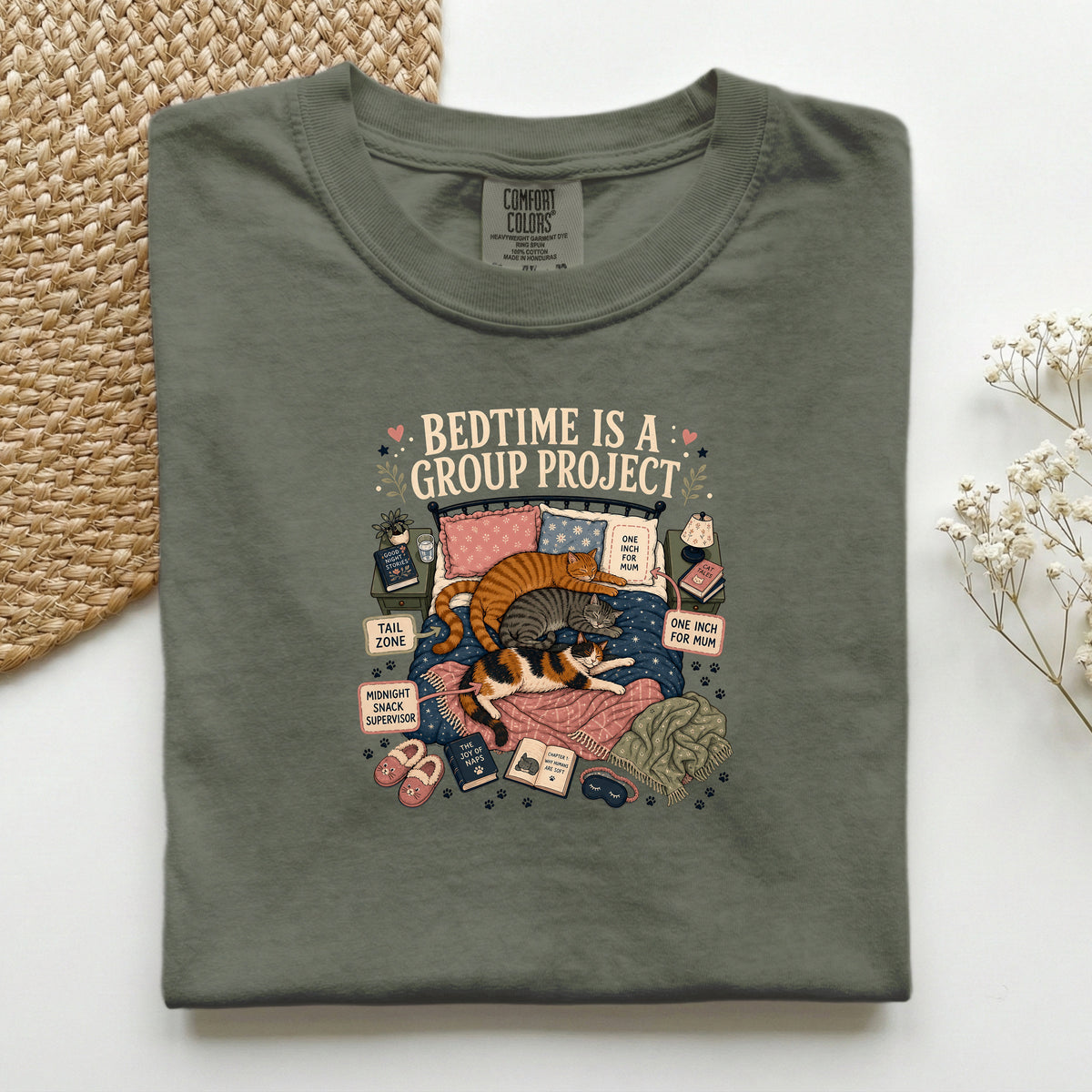 Bedtime Is A Group Project graphic tee in Moss, folded flat lay