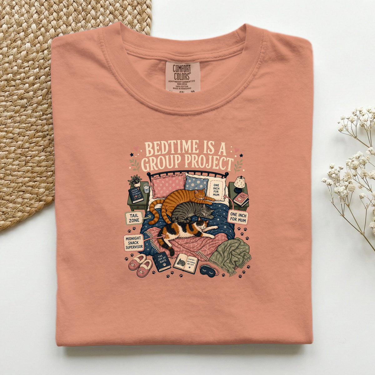 Bedtime Is A Group Project graphic tee in Terracotta, folded flat lay