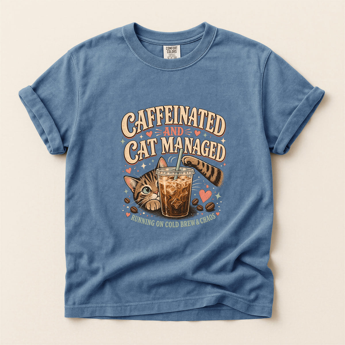 Caffeinated And Cat Managed Comfort Colors tee in Blue Jean