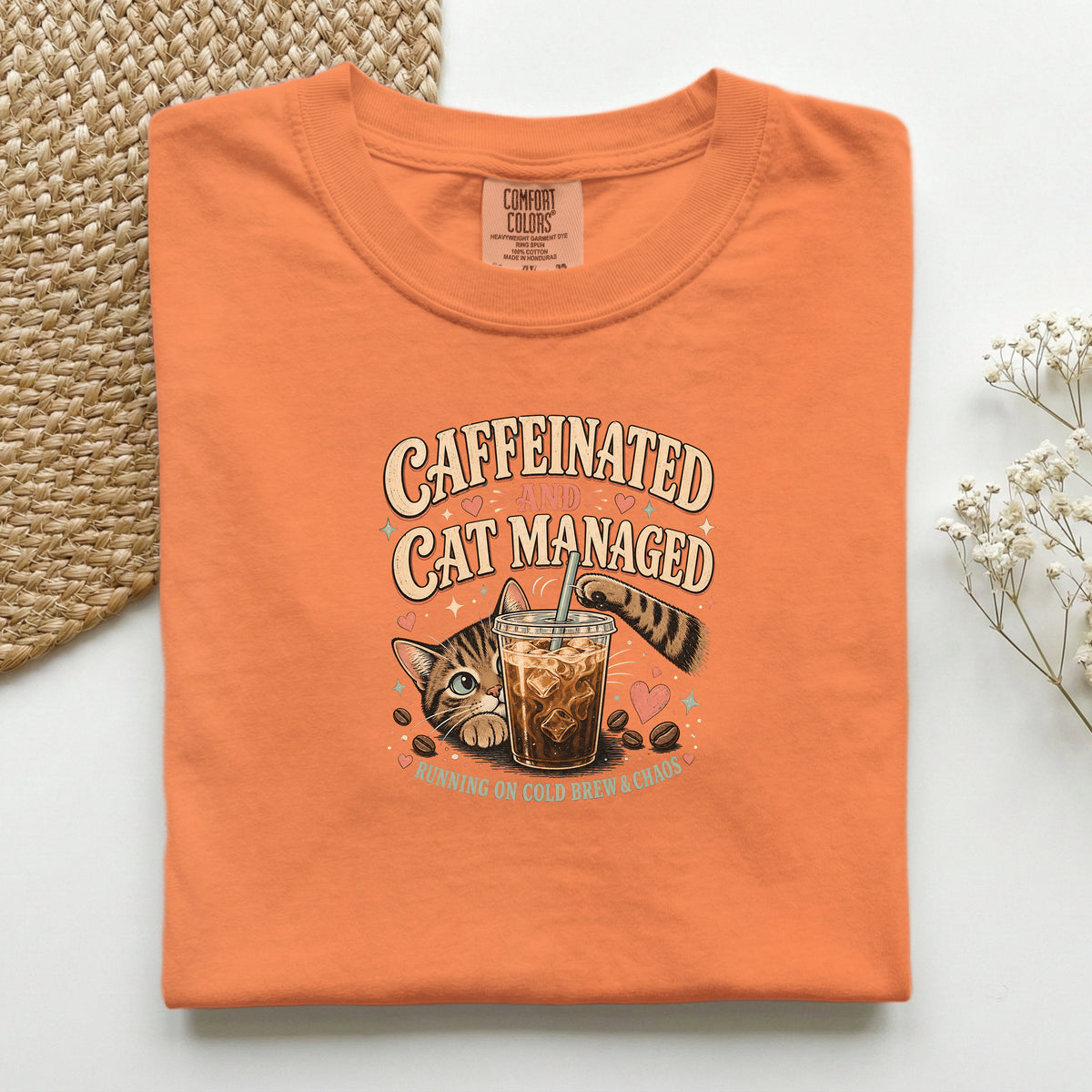 Caffeinated And Cat Managed Comfort Colors tee in Burnt Orange