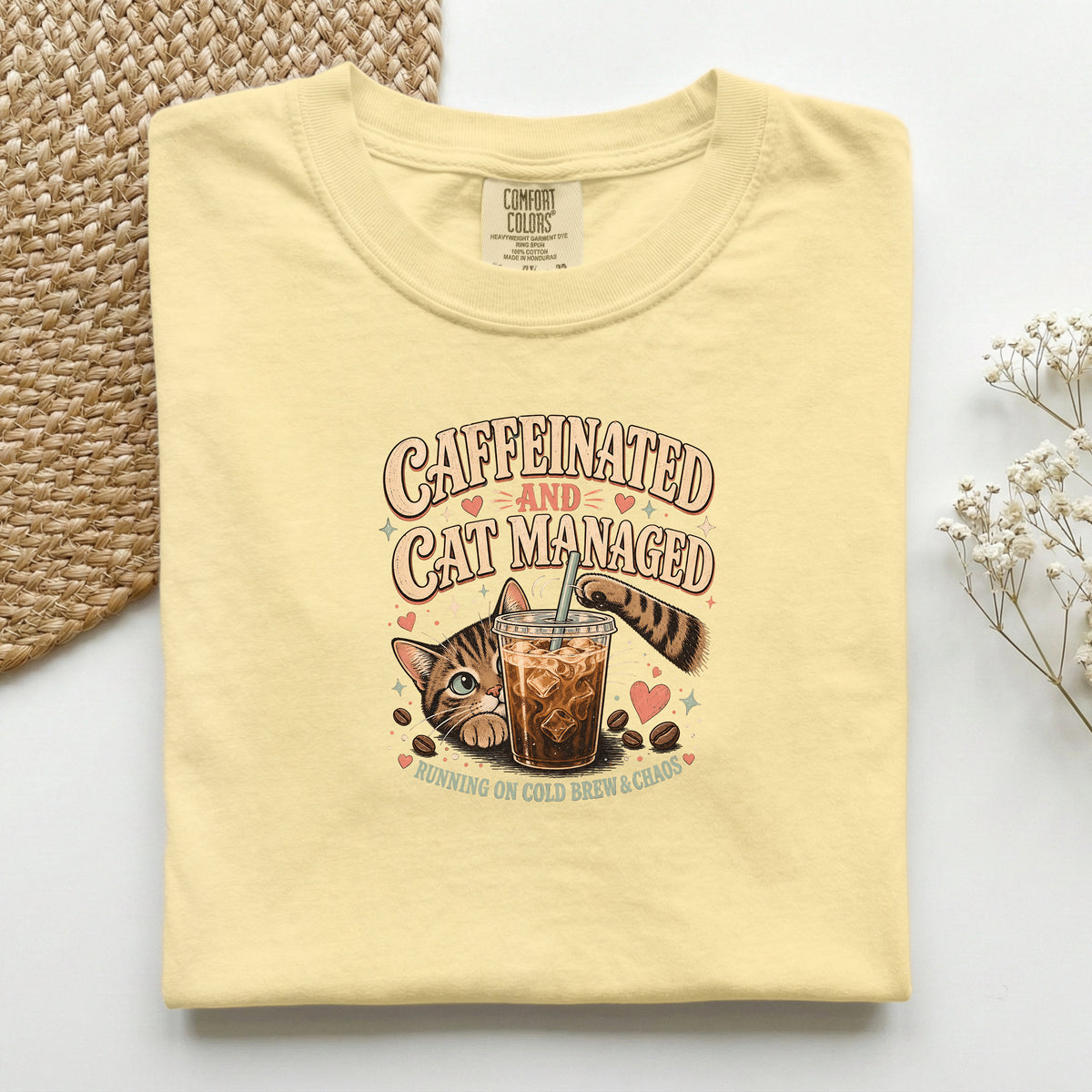 Caffeinated And Cat Managed Comfort Colors tee in Butter