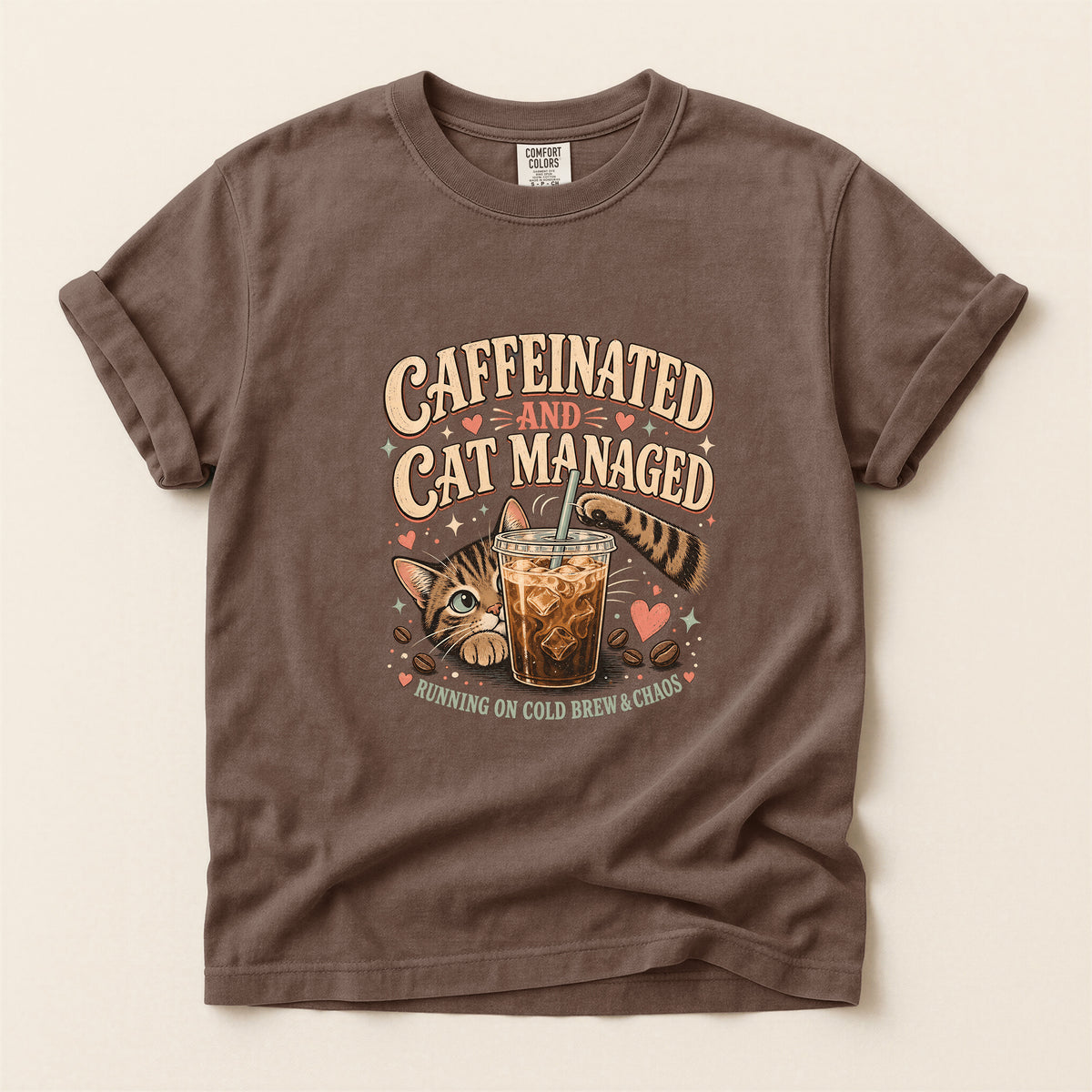 Caffeinated And Cat Managed Comfort Colors tee in Espresso