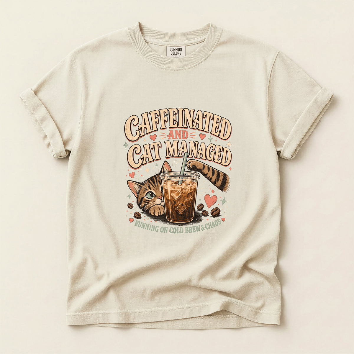 Caffeinated And Cat Managed Comfort Colors tee in Ivory