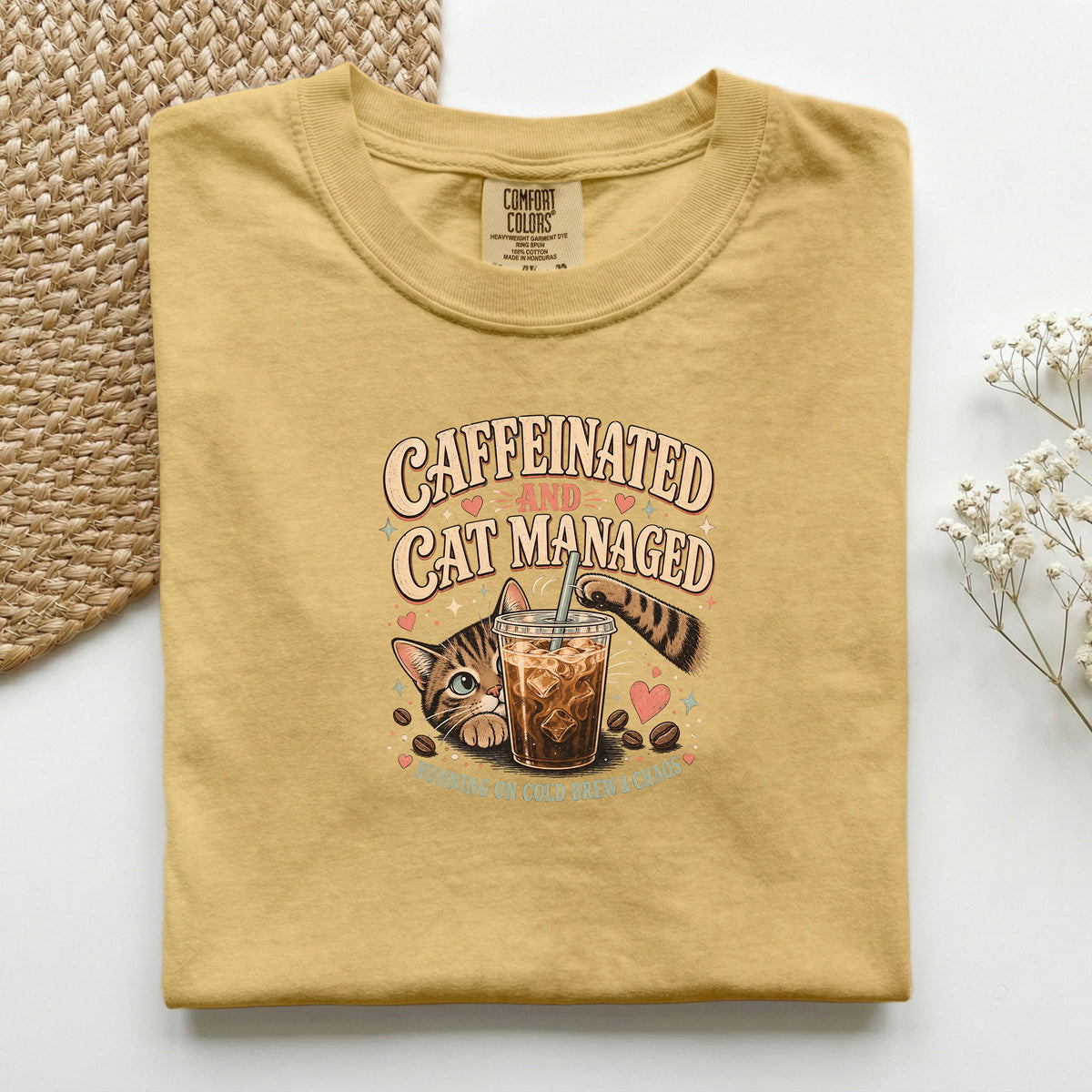 Caffeinated And Cat Managed Comfort Colors tee in Mustard