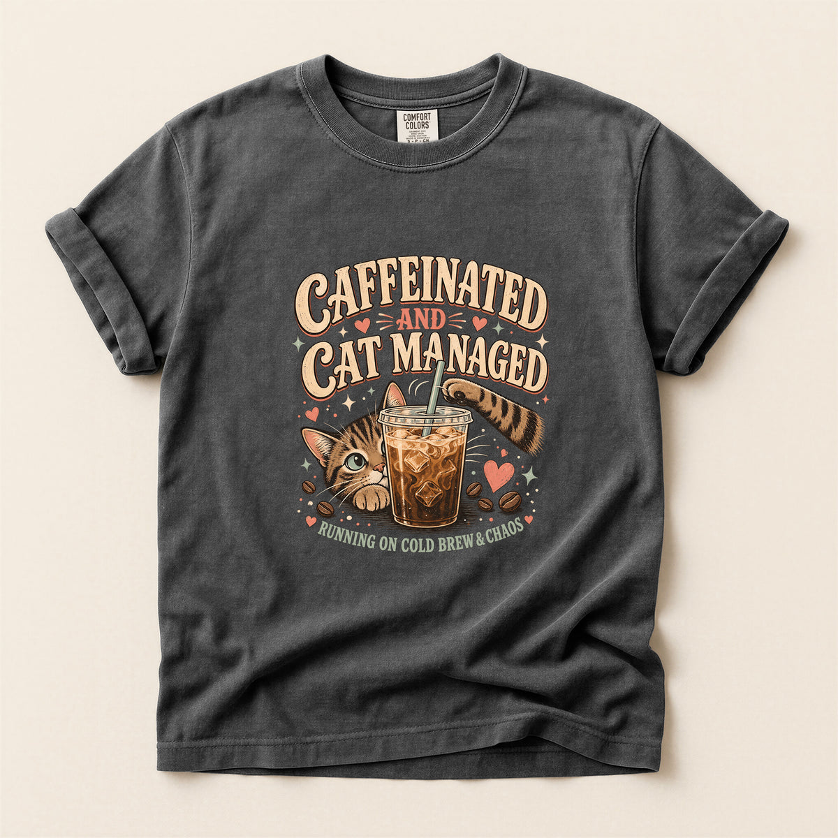 Caffeinated And Cat Managed Comfort Colors tee in Pepper