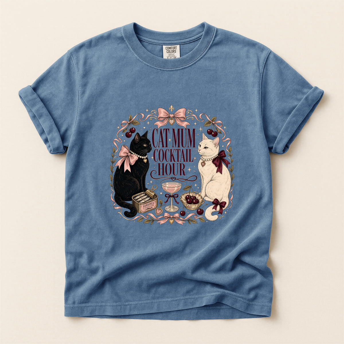 Cat Mum Cocktail Hour graphic tee in Blue Jean, flat lay