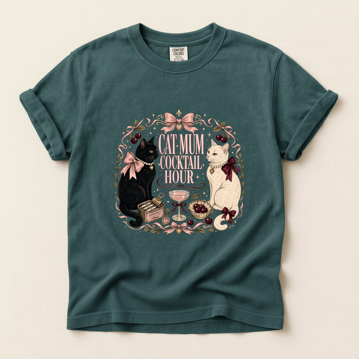 Cat Mum Cocktail Hour graphic tee in Blue Spruce, flat lay