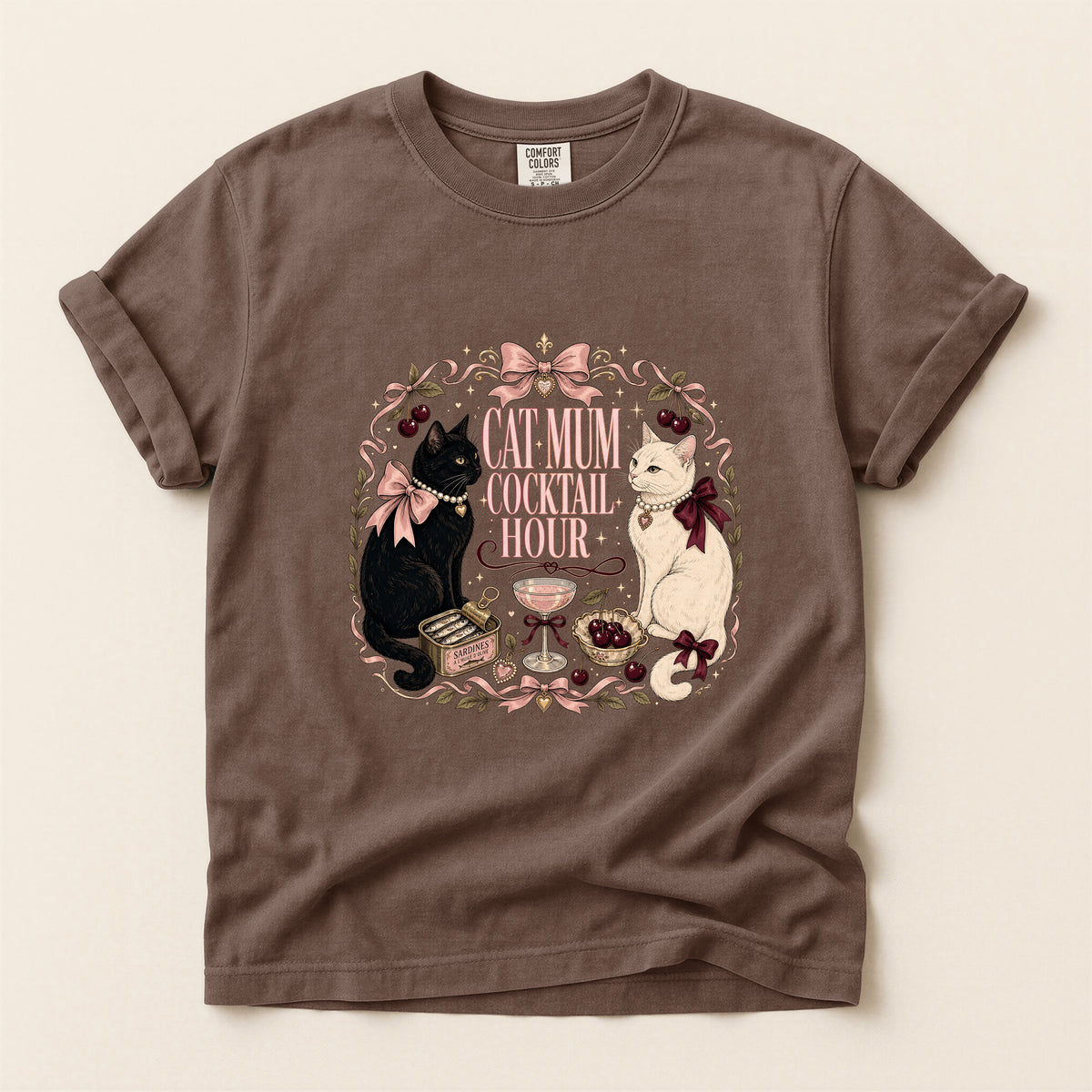 Cat Mum Cocktail Hour graphic tee in Espresso, flat lay