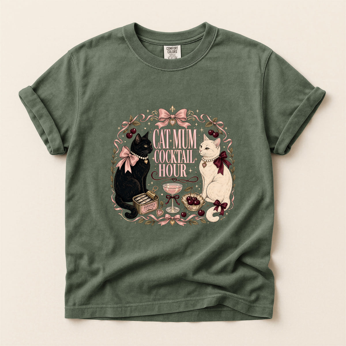Cat Mum Cocktail Hour graphic tee in Moss, flat lay