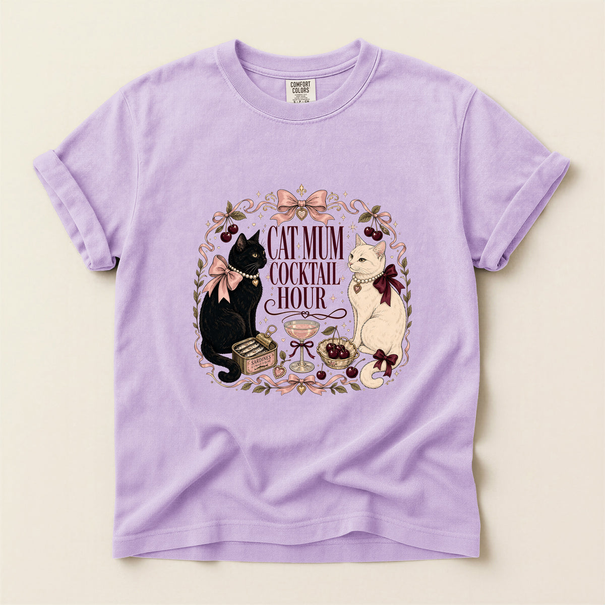 Cat Mum Cocktail Hour graphic tee in Orchid, flat lay