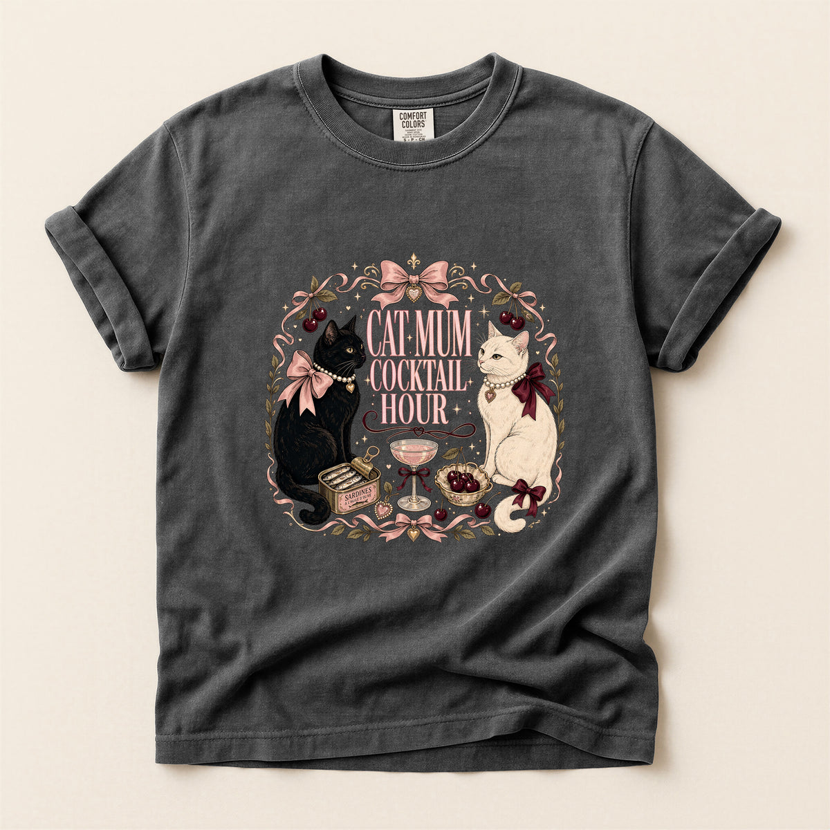Cat Mum Cocktail Hour graphic tee in Pepper, flat lay