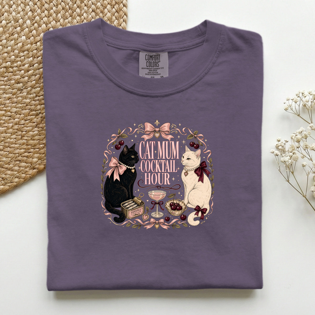 Cat Mum Cocktail Hour graphic tee in Wine, folded flat lay
