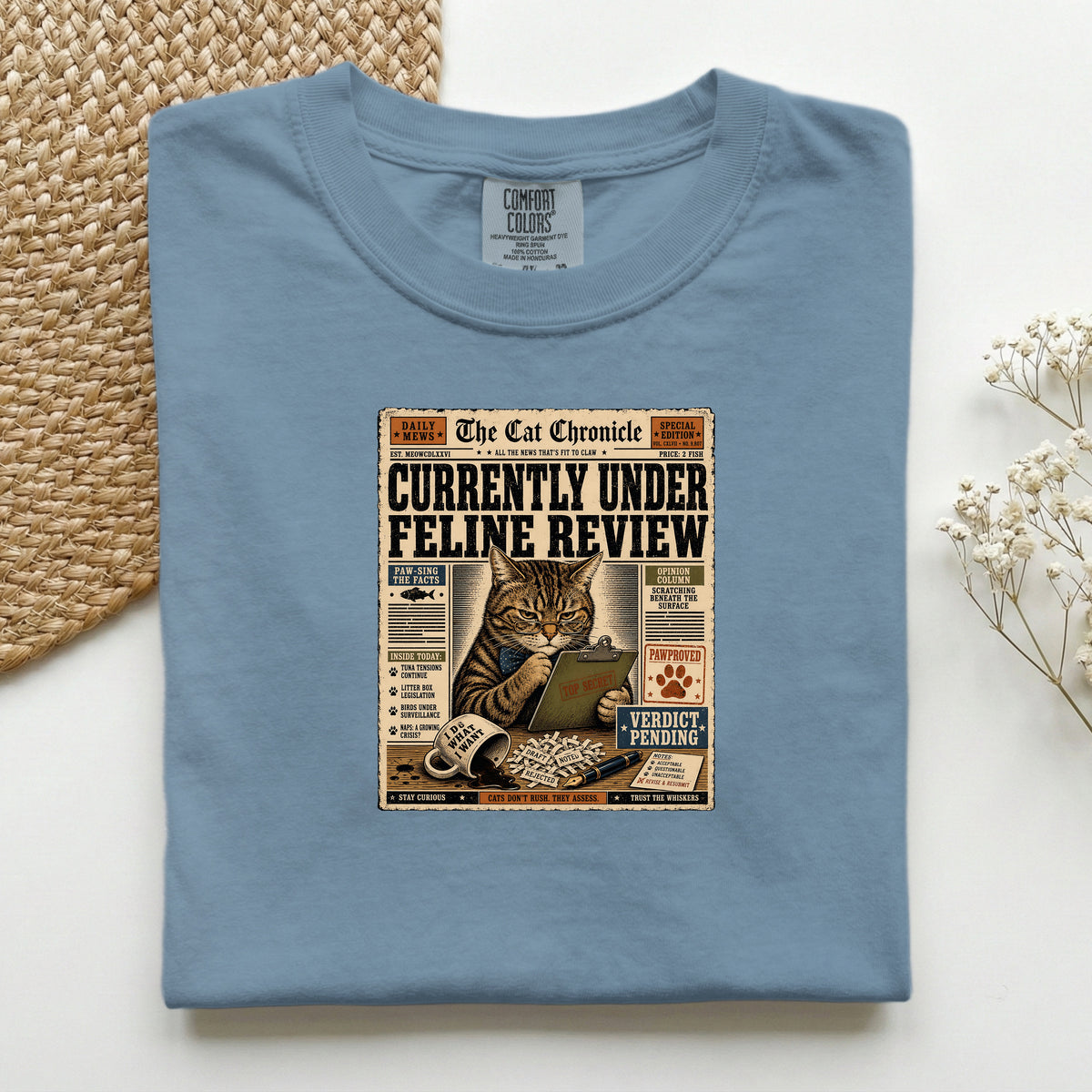 Currently Under Feline Review graphic tee in Blue Jean, folded mockup