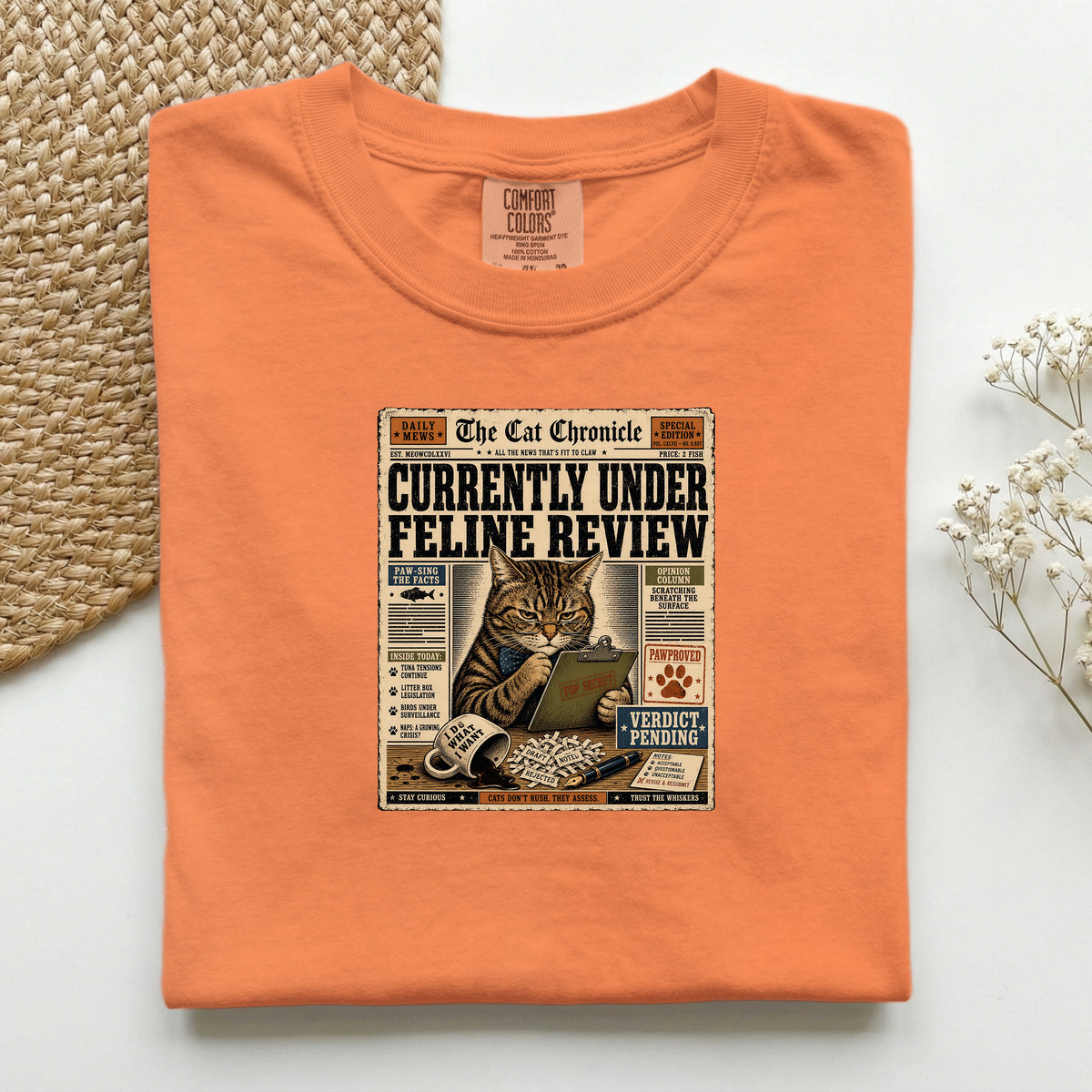 Currently Under Feline Review graphic tee in Burnt Orange, folded mockup