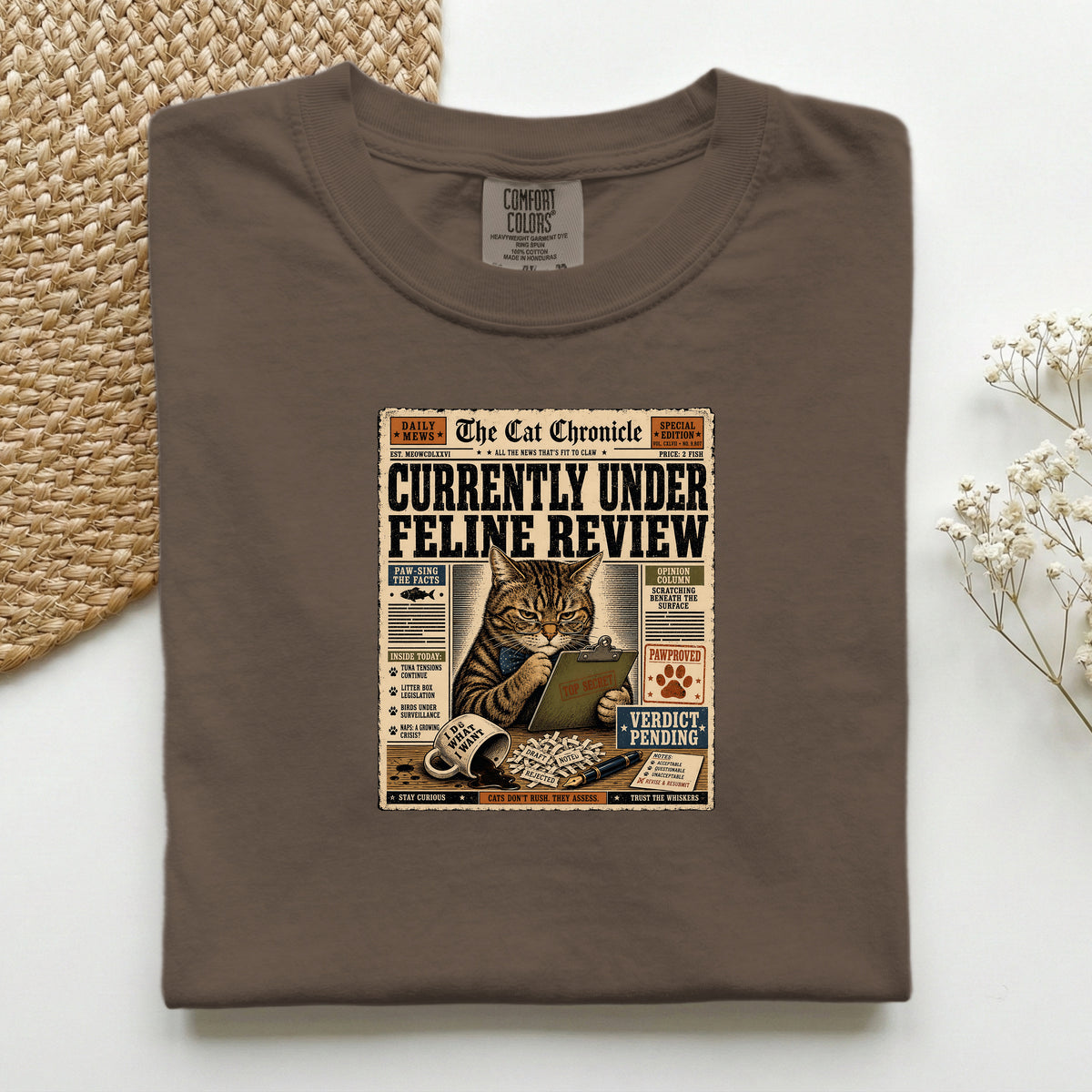 Currently Under Feline Review graphic tee in Espresso, folded mockup