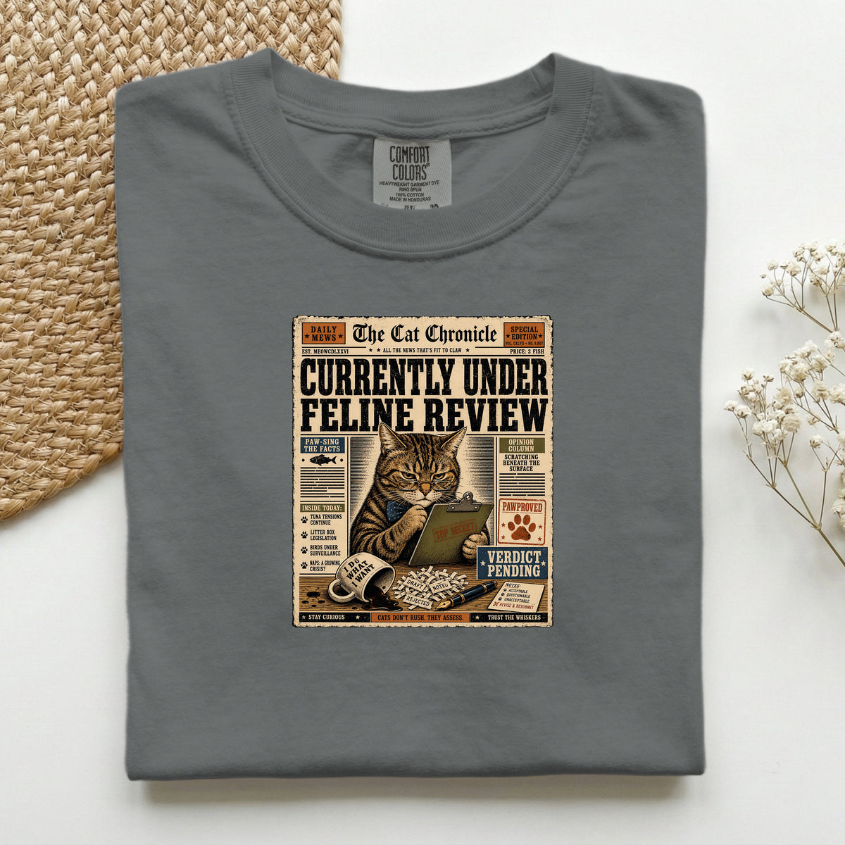 Currently Under Feline Review graphic tee in Pepper, folded mockup