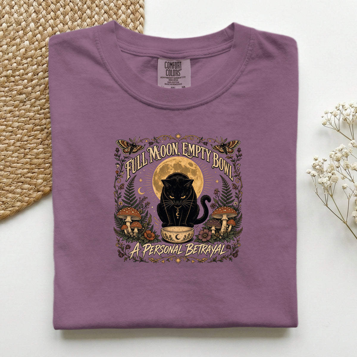 Full Moon Empty Bowl graphic tee in Berry, folded flat lay