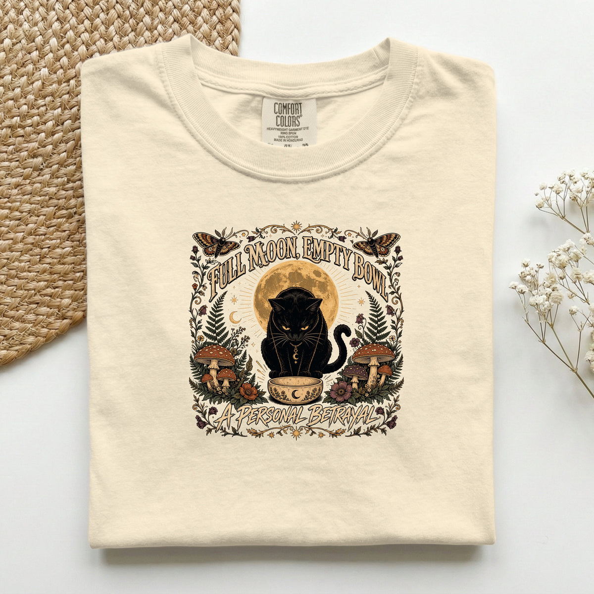 Full Moon Empty Bowl graphic tee in Ivory, folded flat lay