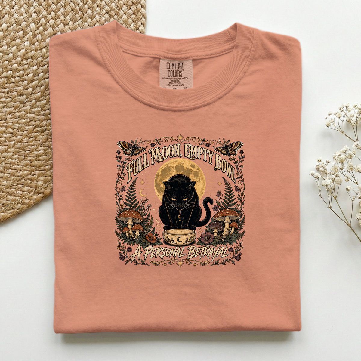 Full Moon Empty Bowl graphic tee in Terracotta, folded flat lay