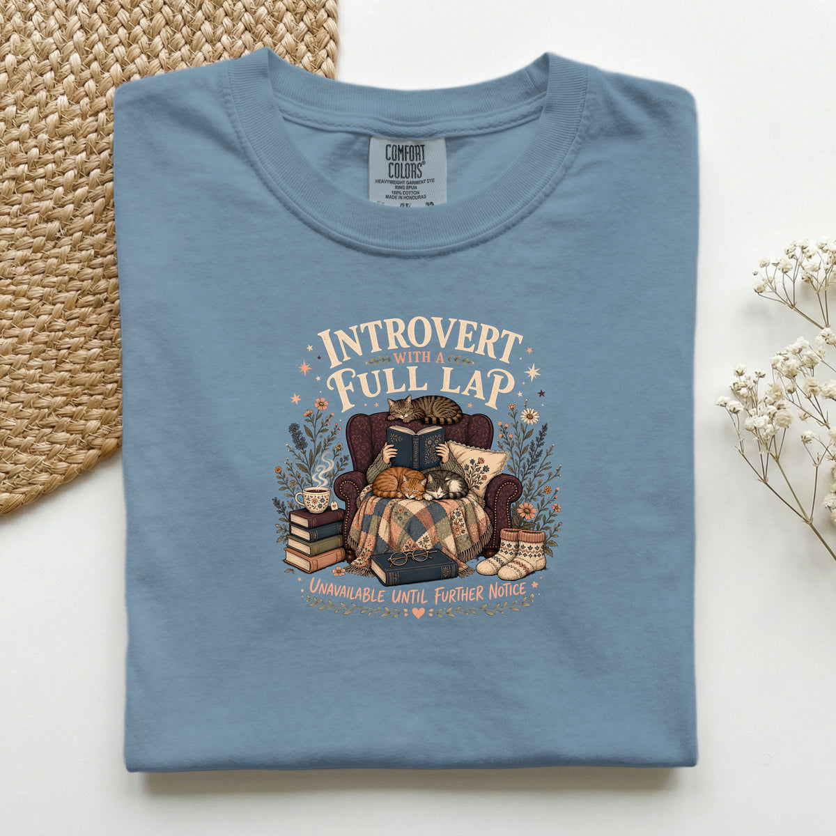 Introvert With A Full Lap graphic tee in Blue Jean, folded mockup