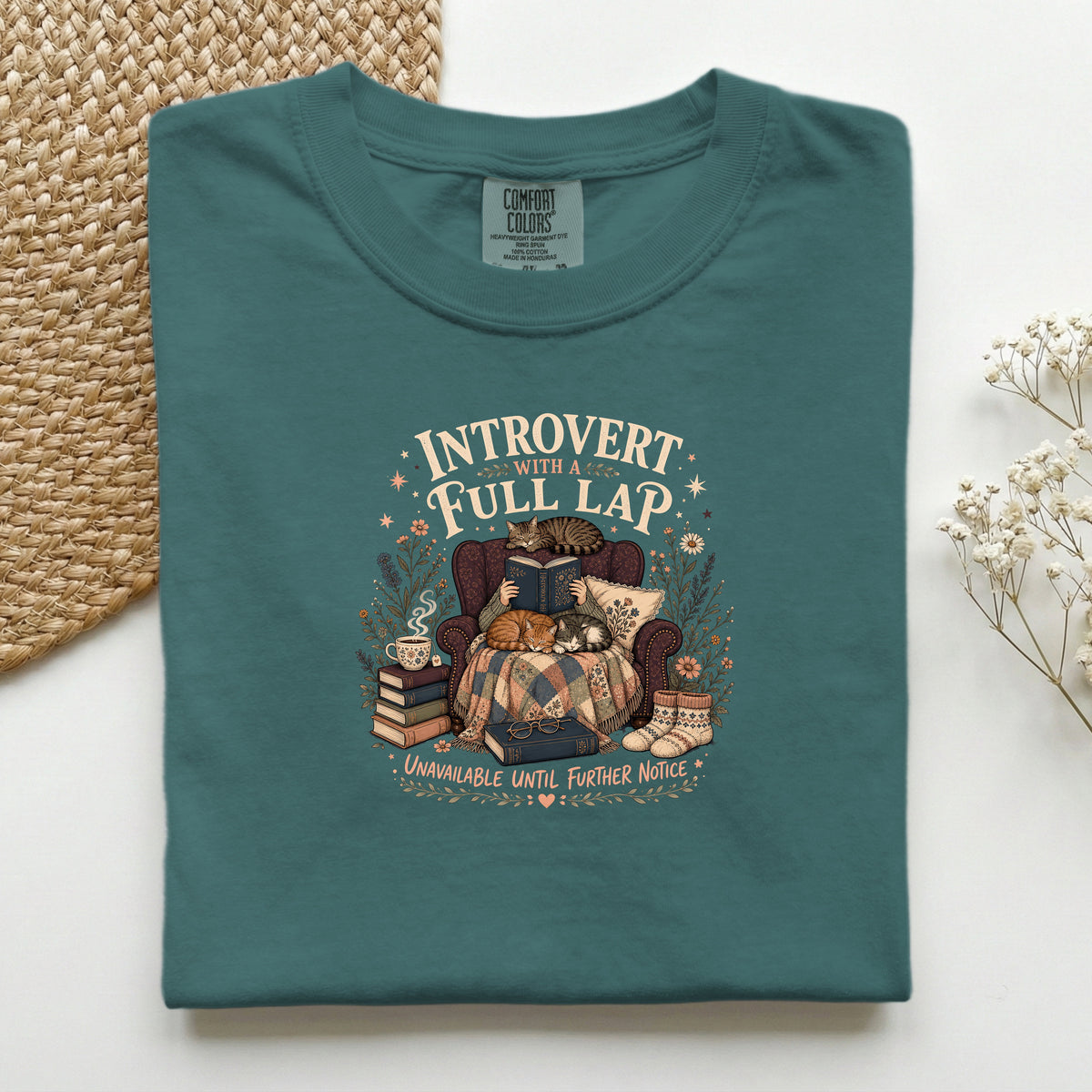 Introvert With A Full Lap graphic tee in Blue Spruce, folded mockup