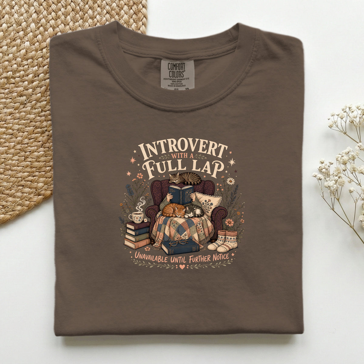 Introvert With A Full Lap graphic tee in Espresso, folded mockup