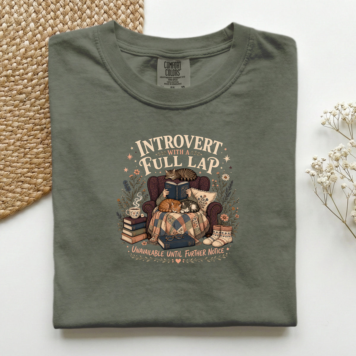 Introvert With A Full Lap graphic tee in Moss, folded mockup