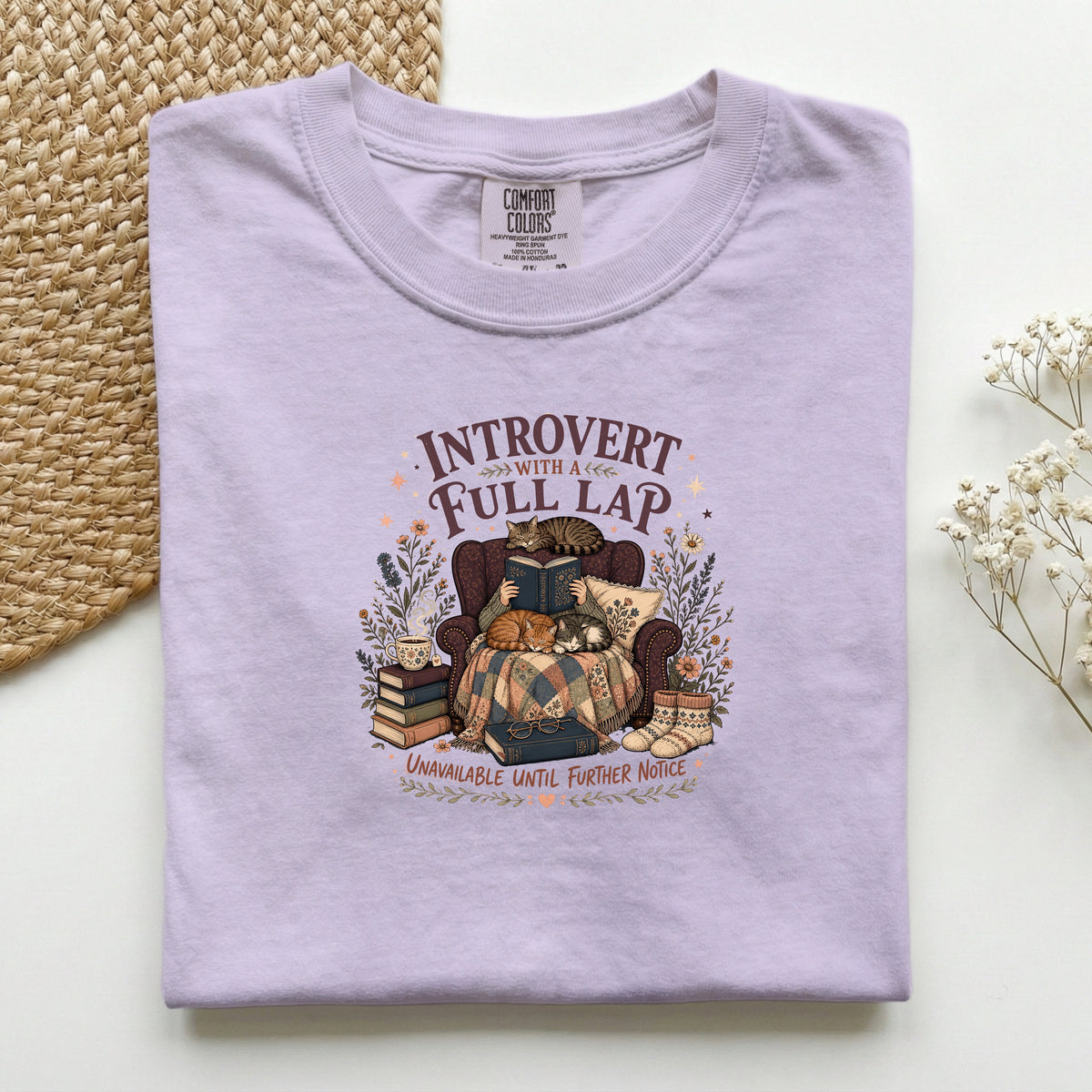 Introvert With A Full Lap graphic tee in Orchid, folded mockup