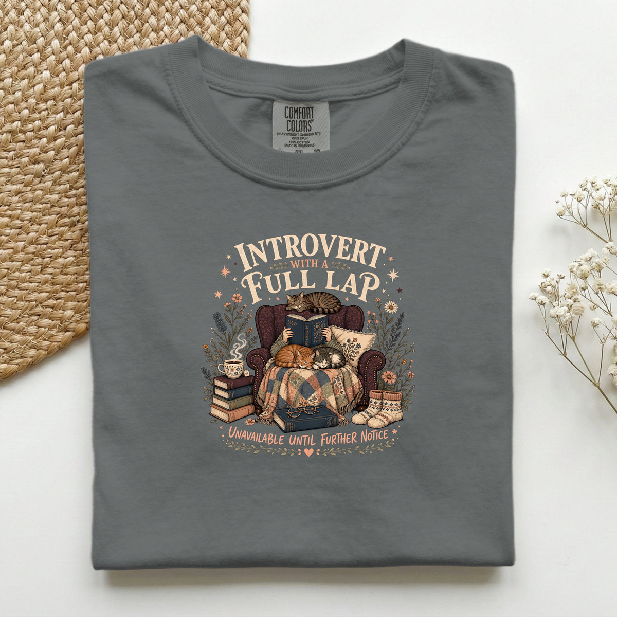 Introvert With A Full Lap graphic tee in Pepper, folded mockup