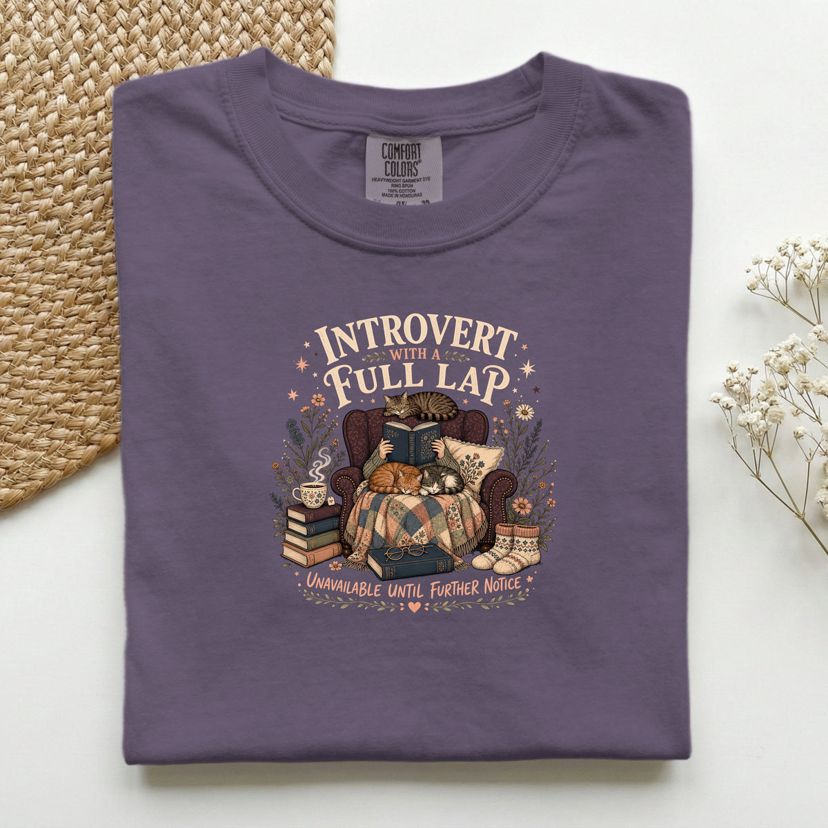Introvert With A Full Lap graphic tee in Wine, folded mockup