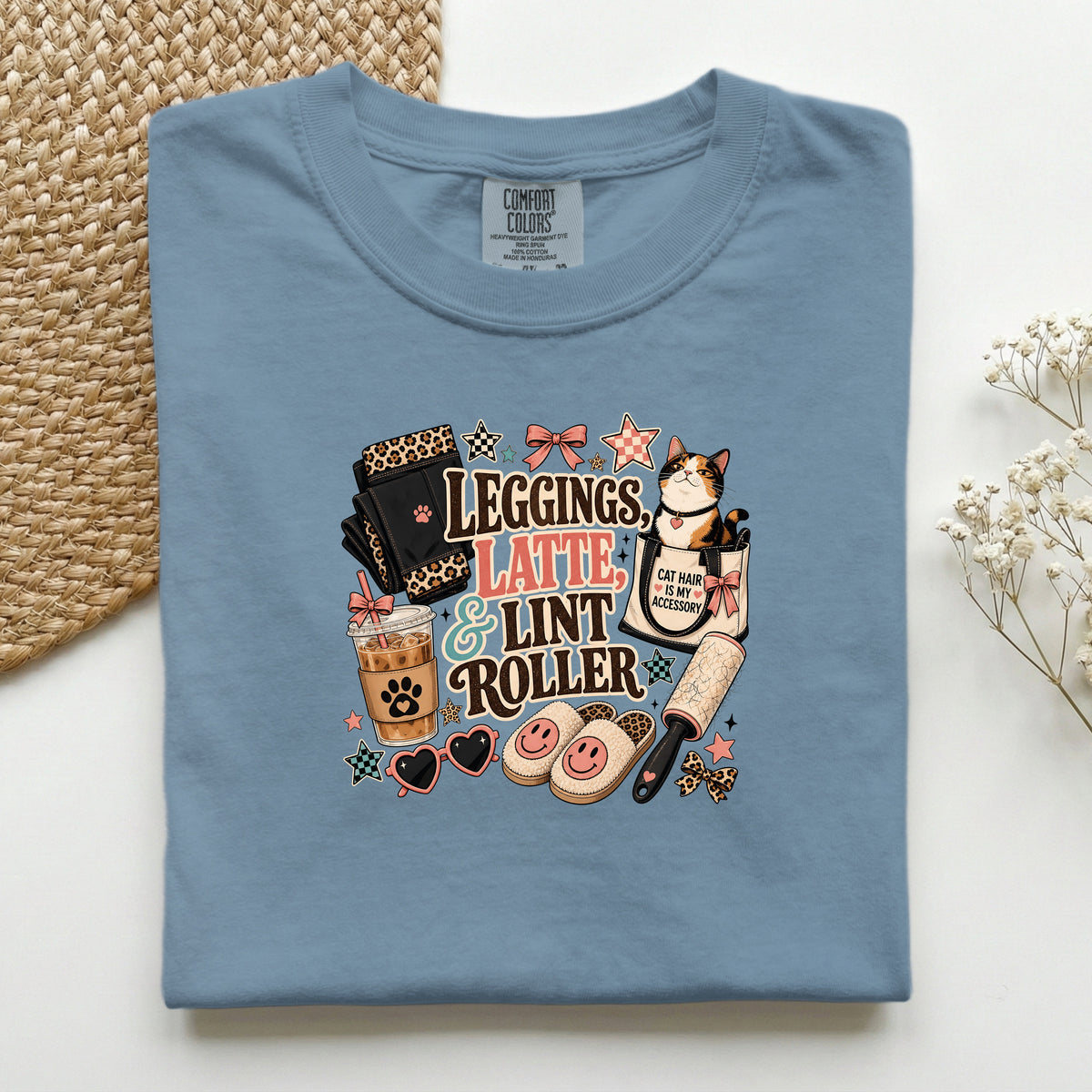 Leggings, Latte & Lint Roller graphic tee in Blue Jean, folded mockup