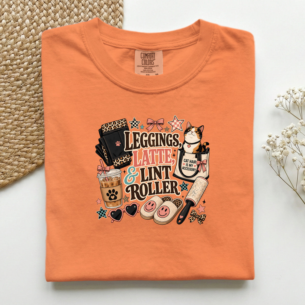 Leggings, Latte & Lint Roller graphic tee in Burnt Orange, folded mockup