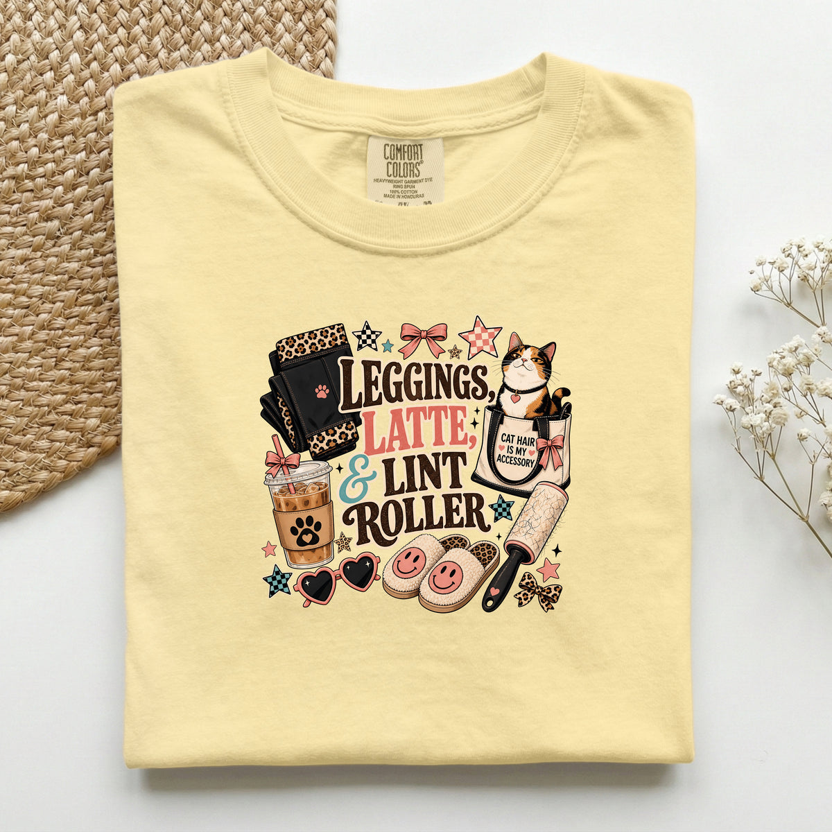 Leggings, Latte & Lint Roller graphic tee in Butter, folded mockup