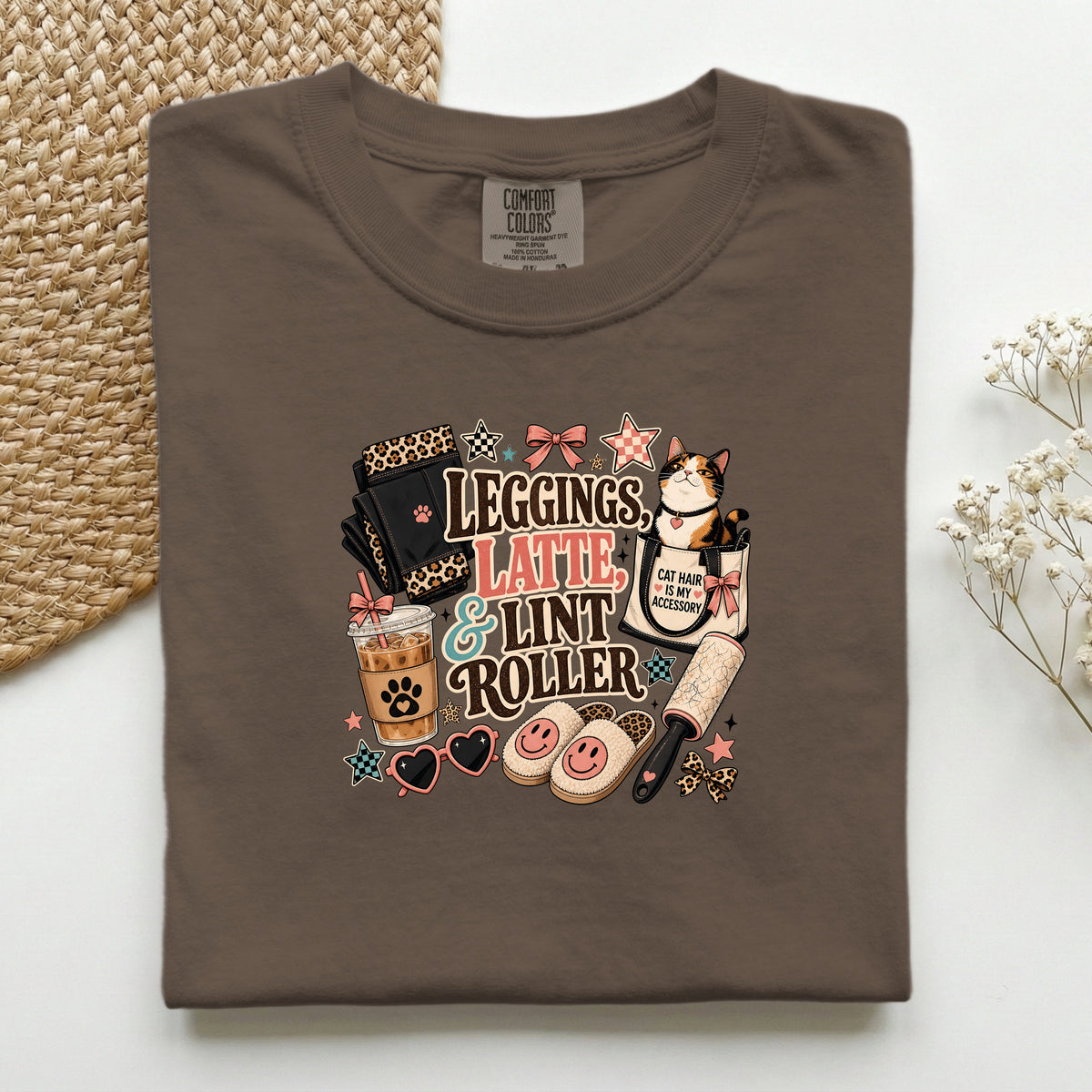 Leggings, Latte & Lint Roller graphic tee in Espresso, folded mockup