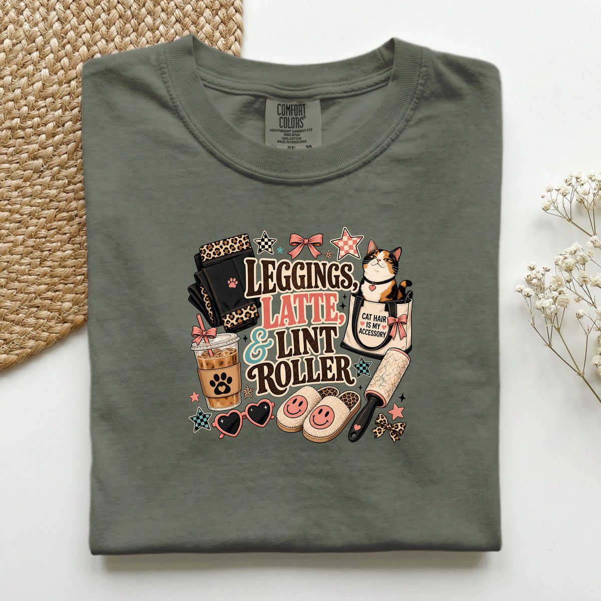 Leggings, Latte & Lint Roller graphic tee in Moss, folded mockup