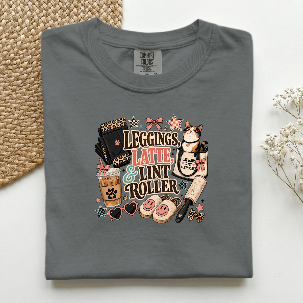 Leggings, Latte & Lint Roller graphic tee in Pepper, folded mockup