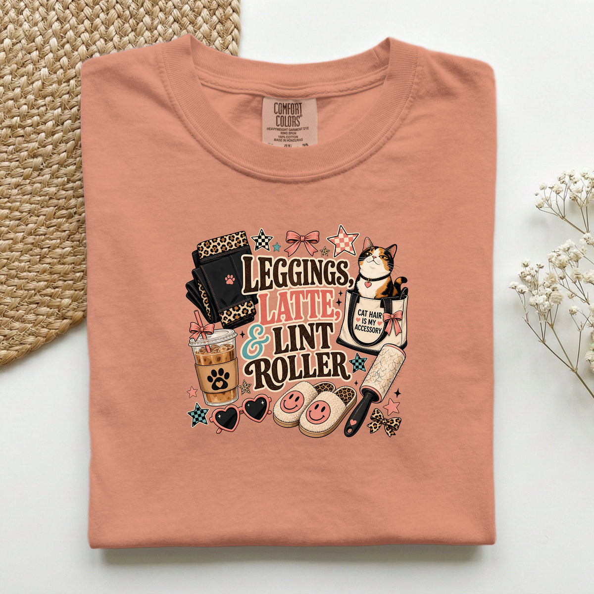 Leggings, Latte & Lint Roller graphic tee in Terracotta, folded mockup