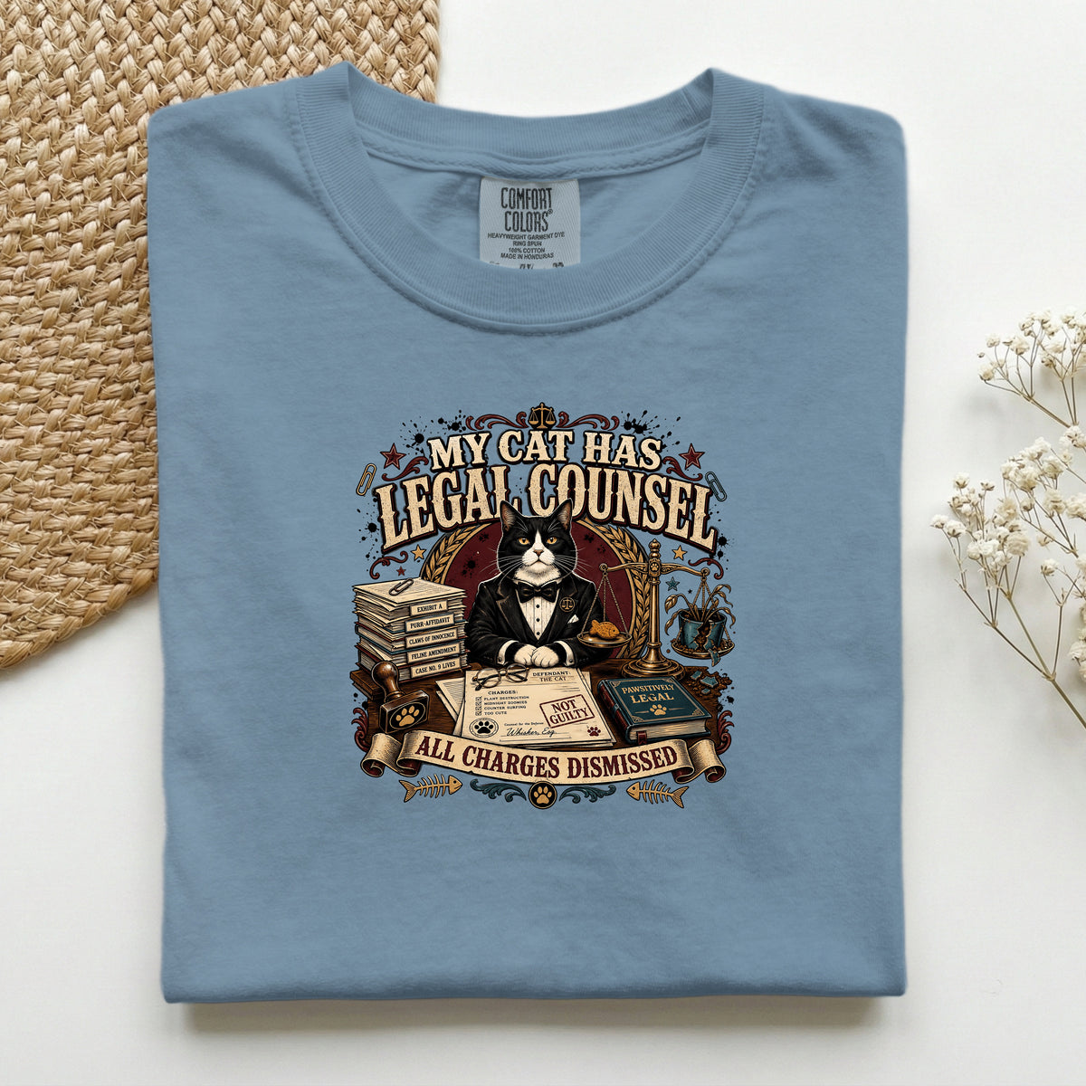 My Cat Has Legal Counsel graphic tee in Blue Jean, folded mockup
