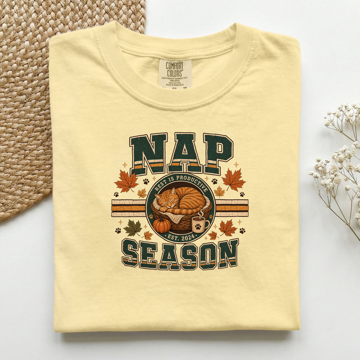 Nap Season cat mum tee in Butter, folded, Comfort Colors 1717