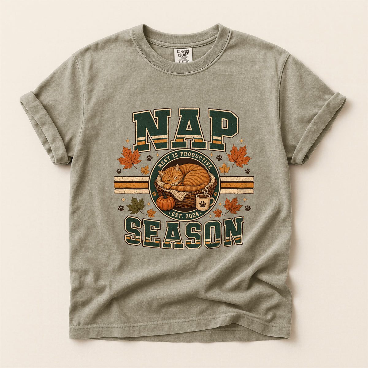 Nap Season cat mum tee in Khaki, Comfort Colors 1717