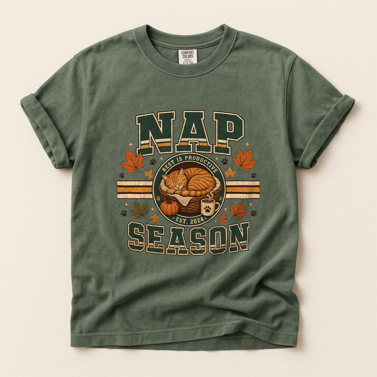 Nap Season cat mum tee in Moss, Comfort Colors 1717