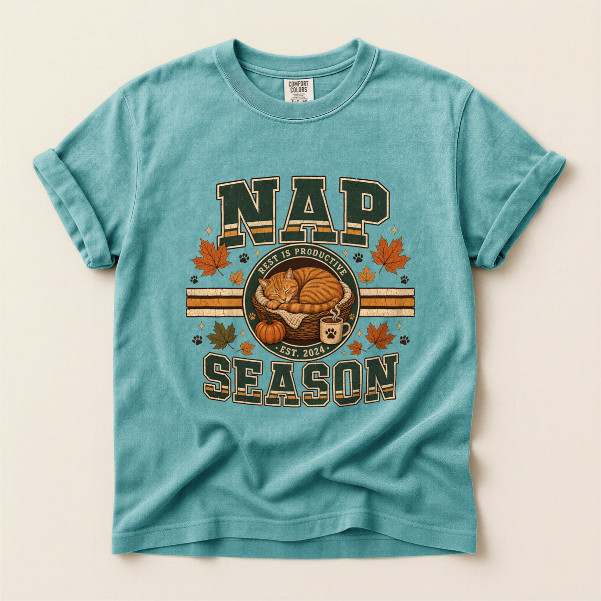 Nap Season cat mum tee in Seafoam, Comfort Colors 1717