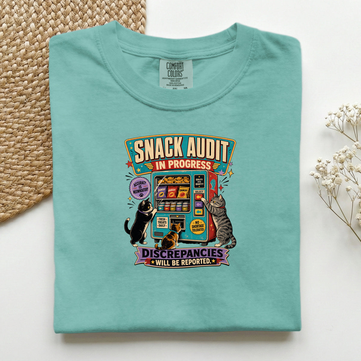 Snack Audit In Progress graphic tee in Seafoam, folded mockup