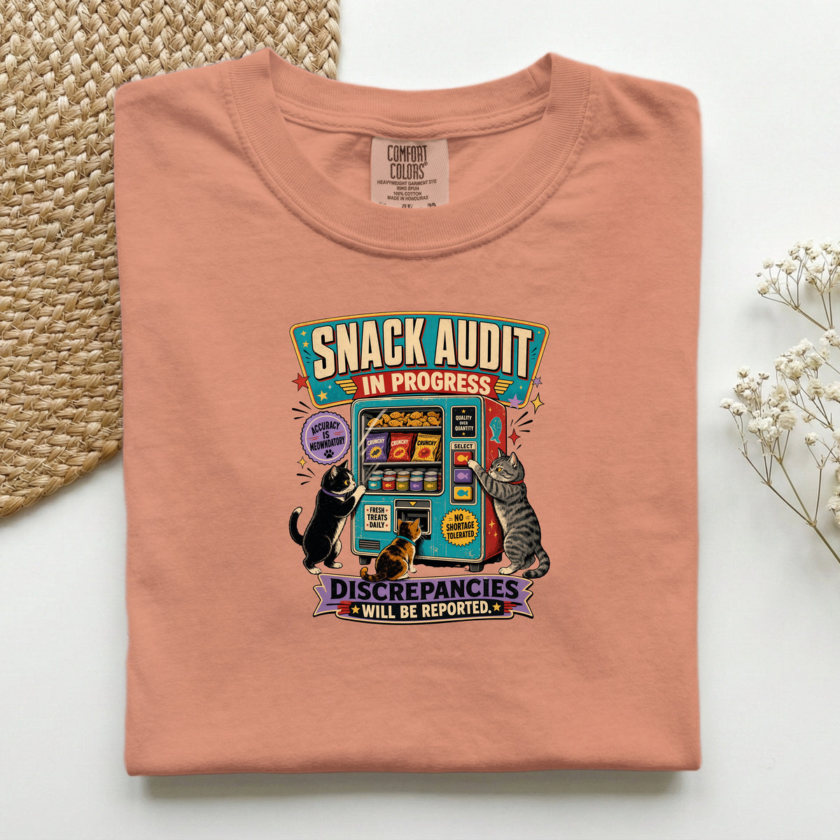 Snack Audit In Progress graphic tee in Terracotta, folded mockup